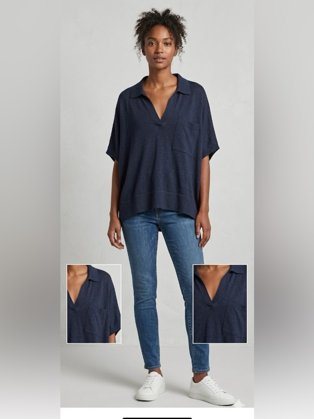 NWT Banana Republic Dark Navy Oversized Polo-Collar Linen Blend Knit Pullover